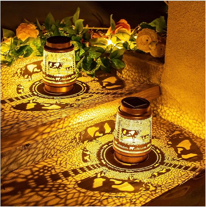 EZTZEN Cow Solar Lanterns Outdoor Waterproof Hanging Solar Lights Cow Gifts for Women Men Metal Decorative LED Cow Lanterns for Garden Decor,Yard,Patio,Lawn,Tabletop,Pathway,Landscape, Brown