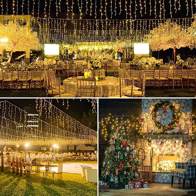 300 LED Solar Icicle Lights Outdoor with Remote Control, 33ft 8 Modes Curtain String Lights with 50 Drops, Christmas Holiday Wedding Party Decorations, Warm White