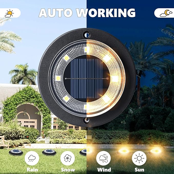 Flacchi Solar Lights Outdoor Waterproof - 2-in-1 Solar Powered Ground Lights Outdoor Solar Disk Light Landscape Light for Deck Step Patio Yard Pathway Walkway Driveway Garden (Warm White, 2 Pack)