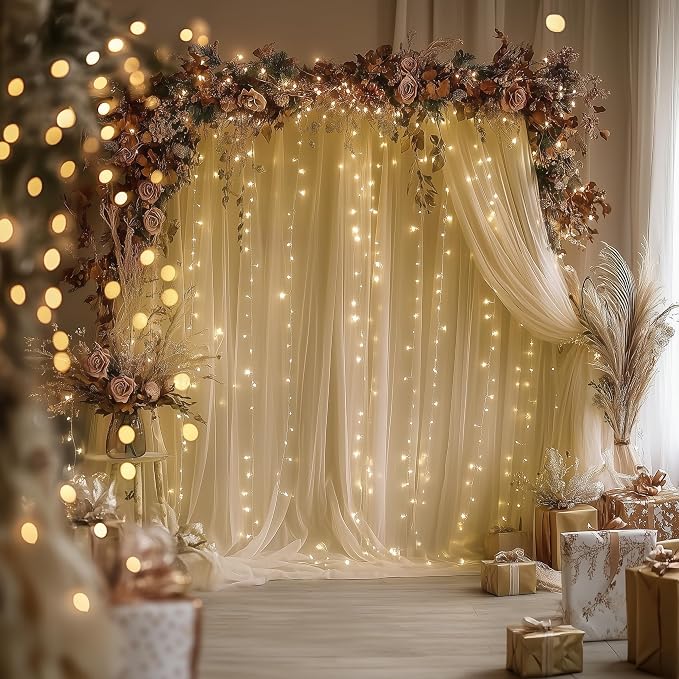 Tulle Backdrop Curtain with Lights String 10FT X 10FT Champagne Sheer Tulle Backdrop Curtains for Wedding Birthday Party Reception Photo Booth Background Decorations (2 Panels 5x10FT)