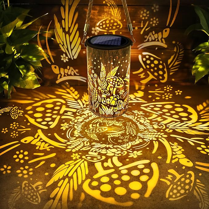 Toodour Solar Lantern Outdoor, Garden Gifts for Women Mom Grandma Hanging Solar Outdoor Lights Waterproof, Hollow Out Retro Metal Mushroom & Cricket Lights for Patio, Balcony, Walkway, Yard Decor
