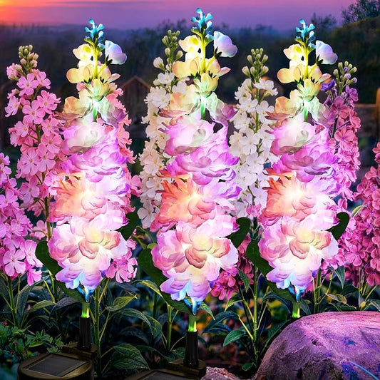GIGALUMI Solar Lights Outdoor for Garden Decor, 3 Pack Solar Flower Lights Waterproof, 2 Lighting Modes Delphinium for Pathway,Yard, Patio, 4th of July Decoration, Gifts for Women (Pink)