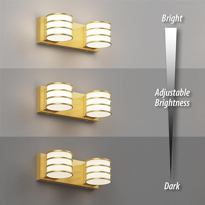LED Bathroom Vanity Light - 12.6 Inch Gold 2-Light Fixture with White Acrylic Shades, 6000K Cool White, Mirror Lighting for Bathroom, Bedroom, Hallway, Living Room Wall Sconce