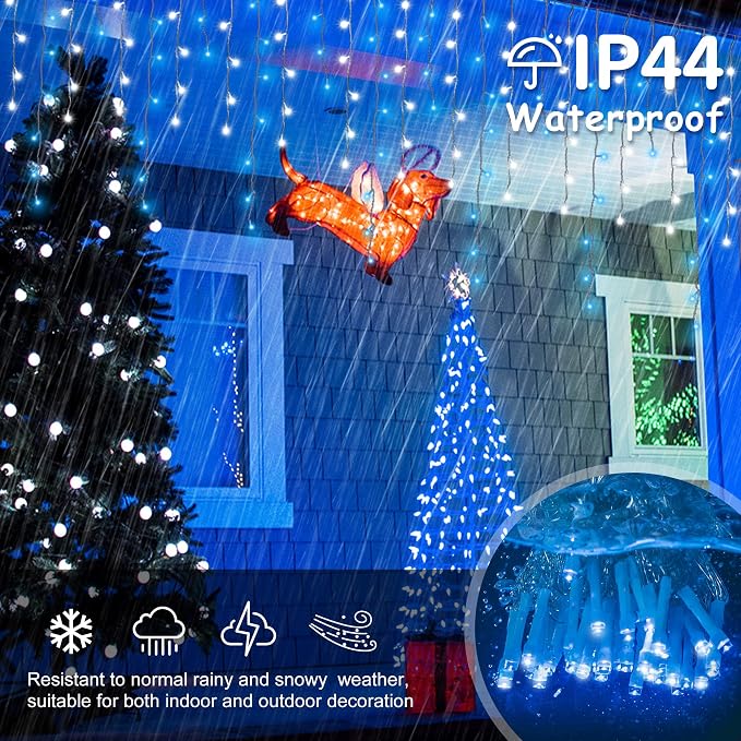 Icicle Lights Outdoor Decorations 300 LED 33ft 8 Modes Curtain Fairy String Light with 50 Drops, LED String Light Indoor for Wedding Party Holiday Christmas Decorations,Blue+White