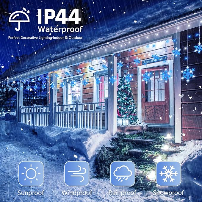 Christmas Snowflake Icicle Lights,6.5ft 144LED Curtain Lights with 12 Drops,Timer 8 Modes Connectable,Waterproof Fairy Light for Eaves, Garden, Indoor Outdoor Xmas Decoration (Blue White)