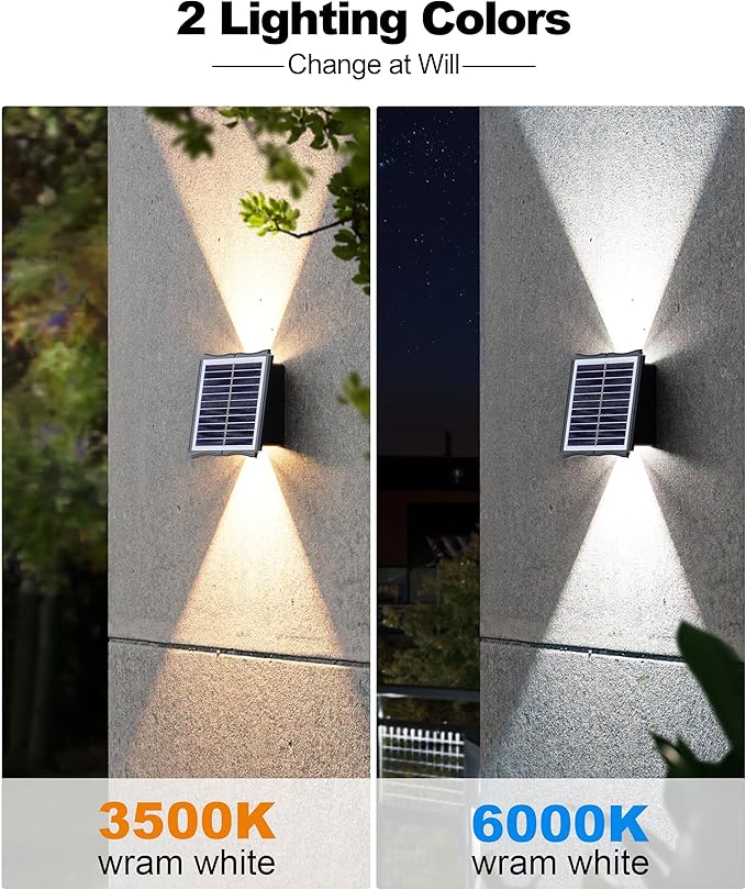 Solar Wall Lights Outdoor 6500K 3000K, 4 Pack 1500mAh Wall Lights Solar Powered, IP65 Outdoor Up and Down Solar Lighting for Wall