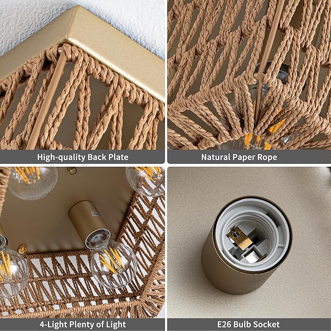 Rattan Ceiling Light, 4-Light Boho Light Fixture, Square Flush Mount Ceiling Light for Bedroom, Hallway, Entryway, Kitchen, Living Room