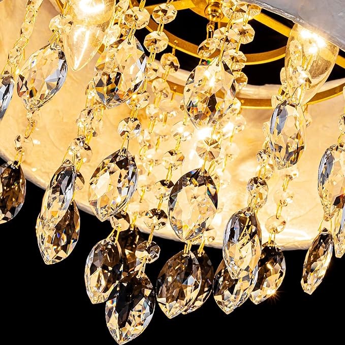 3-Light Capiz Shell Crystal Drum Ceiling Light, Coastal Style Close to Ceiling Light Fixture for Dining Room, Living Room & Bedroom, D12*H14 inch, Clear Crystal & Gold Finish