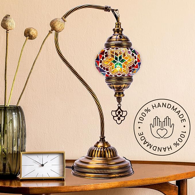 Turkish Moroccan Mosaic Table Lamp - Tiffany Handmade Colorful Mosaic Lamp, Decorative Glass Antique Bohemian Vintage Lamp Shade, Swan Neck Bedside and Table Desk Lamp,15 ½ inch
