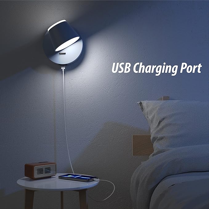 URSOLA Wall Light Set of Two, LED Wall Sconce with On/Off Switch USB Charging Port 110 Volt Hardwired Wall Lamp 350 Rotatable Up Down Sconces Wall Lighting (Blue)