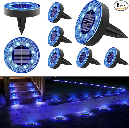 Joomer 2-in-1 Solar Lights Outdoor Waterproof Solar Powered Ground Lights | 8 Pack 8 LED Solar Garden Lights Disc Landscape Lighting for Patio Pathway Lawn Yard Driveway Walkway (Blue)