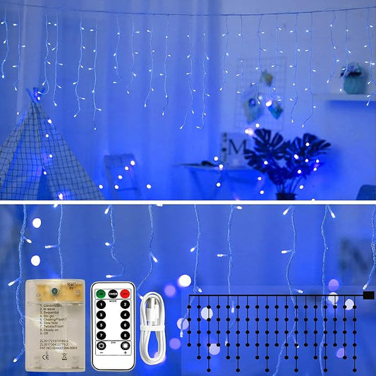 Icicle Lights 90 LED 10 ft Short Curtain Lights with 8 Modes Remote Control,Powerd by USB & Battery - Waterproof Fairy String Lights for Indoor & Outdoor,Holiday,Party,Window Decoration(Blue)