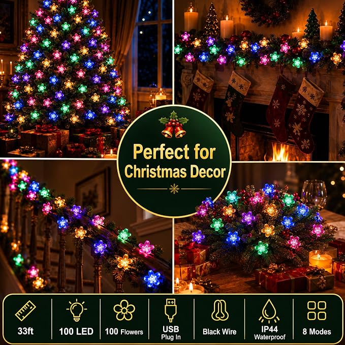 Pastel Flower Fairy Lights String with Timer for Easter Christmas Decor, | USB plug in 8 modes multicolored cherry blossom lights for wedding, Christmas Easter, bedroom, indoor outdoor decorations