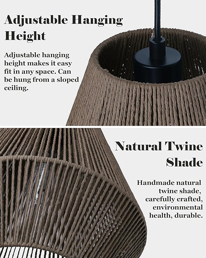 ELYONA 12” Woven Pendant Light for Kitchen Island Farmhouse Boho Hanging Lamp with Handwoven Rattan Basket Shade Adjustable Pendant Light Fixtures for Dining Room Bar Bedroom Foyer Hallway Dark Brown