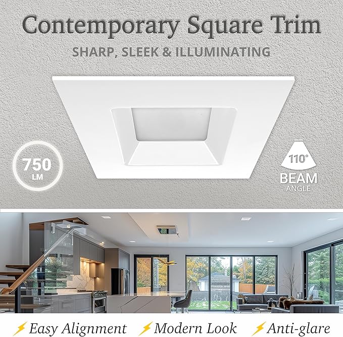 NUWATT 4 Pack, 4 Inch Retrofit LED Square Recessed Lighting, 5CCT 2700K/3000K/3500K/4000K/5000K Selectable, 750 Lumens 11W, Dimmable Ceiling Light, White Square Trim Can Light, Wet Rated, ETL Listed