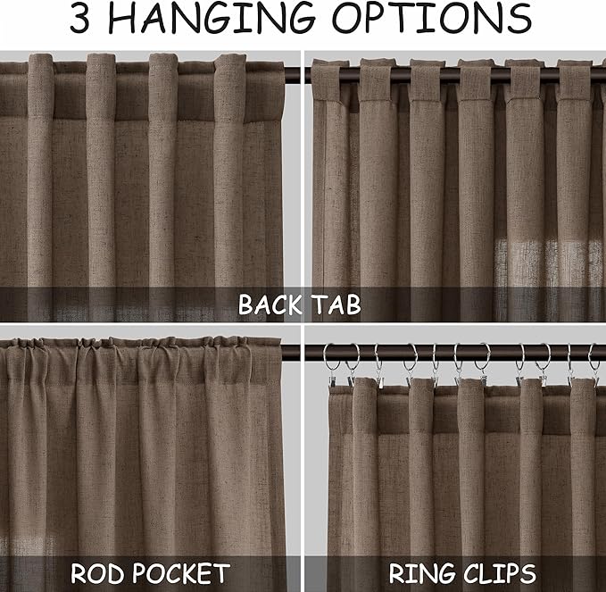 Light Brown Linen Curtains 84 Inches Long for Bedroom Back Tab Light Filtering Privacy Semi Sheer Curtains Modern Farmhouse Decor Light Brown Cotton Textured Curtain for Living Room 2 Panels 52x84