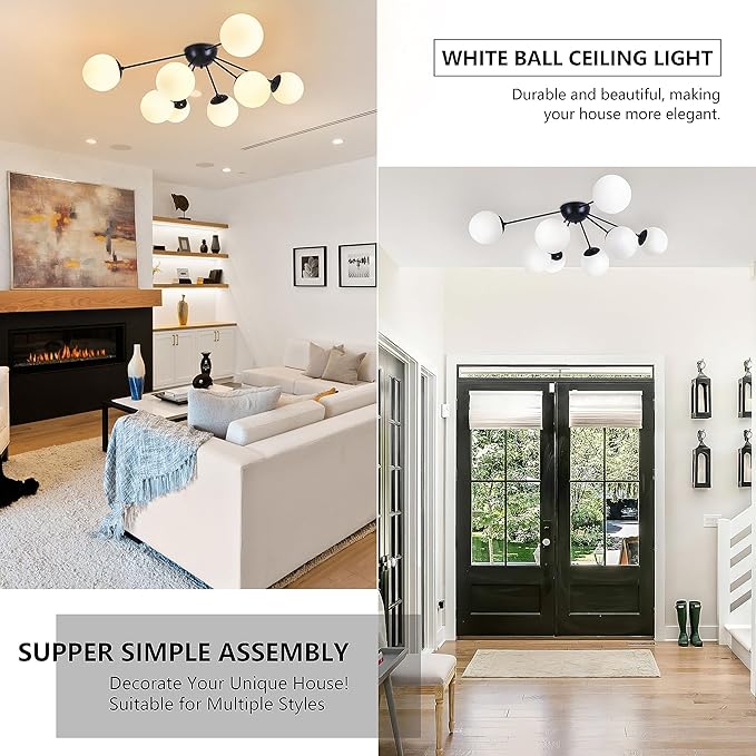 8 Light Mid Century Modern Semi Flush Mount Ceiling Light Fixture Globe Ceiling Light Sputnik Chandelier with Milk Glass Shade Matte Black Finish for Bedroom Hallway Dining Room Living Room