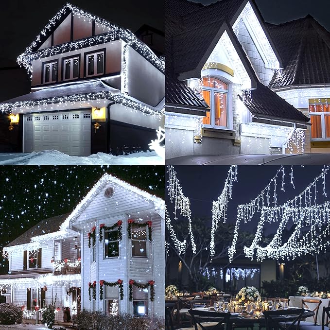 Hopolon 33FT 360 LED White Christmas Icicle Lights,Waterproof Plug in | Outdoor icicle curtain lights with 60 drops, 8 modes, for Christmas, wedding, party, bedroom, garden, wall decor