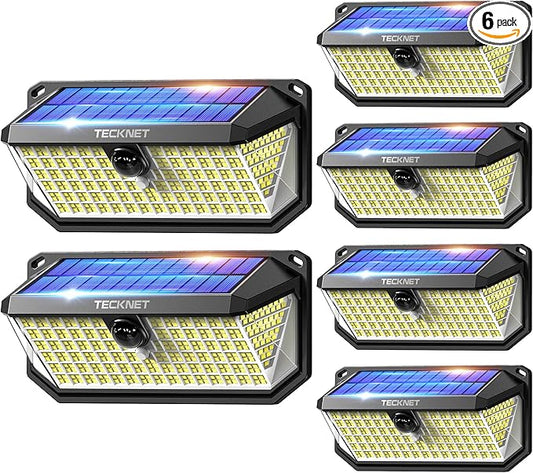 TECKNET 416 LED Solar Powered Outdoor Lights, 300° Angle & 3 Lighting Modes Motion Sensor Light Outdoor, Security Solar Lights Waterproof - 6 Pack