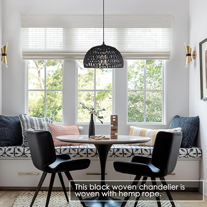 Ayshwill Dec Black Rattan Wicker Pendant Light - 15ft Boho Rattan Chandelier for Dining Room Kitchen Island (Bulb Included)