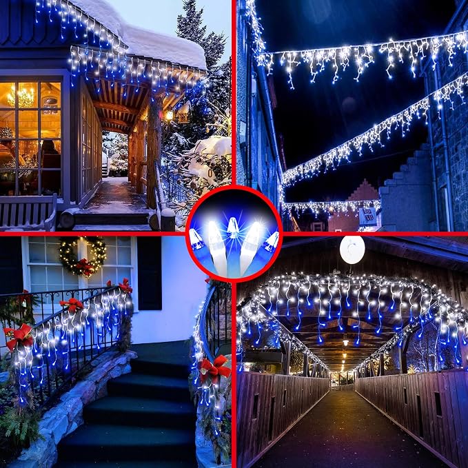 810LED 82FT Christmas Lights, 180Drops 12 Modes Christmas String Lights Outdoor Brightness, Waterproof Christmas Decoration Fairy Lights with Timer Memory for Party Patio Window Fence Blue & CoolWhite