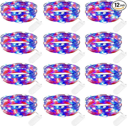 Brightown 4th of July Decor Patriotic Fairy Lights, 7 FT. Silver Wire Red White Blue String Lights, Firefly Starry Moon Lights, Micro LED Mini Fairy Lights for Jars DIY Picture Wedding