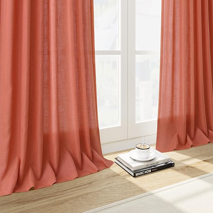 Nanspring Coral Linen Curtains 108 Inches Long 2 Panels Set Back Tab Loop Pocket Light Filtering Semi Sheer Boho Large Window Decor Extra Long Drapes for High Ceiling Living Room 52x108
