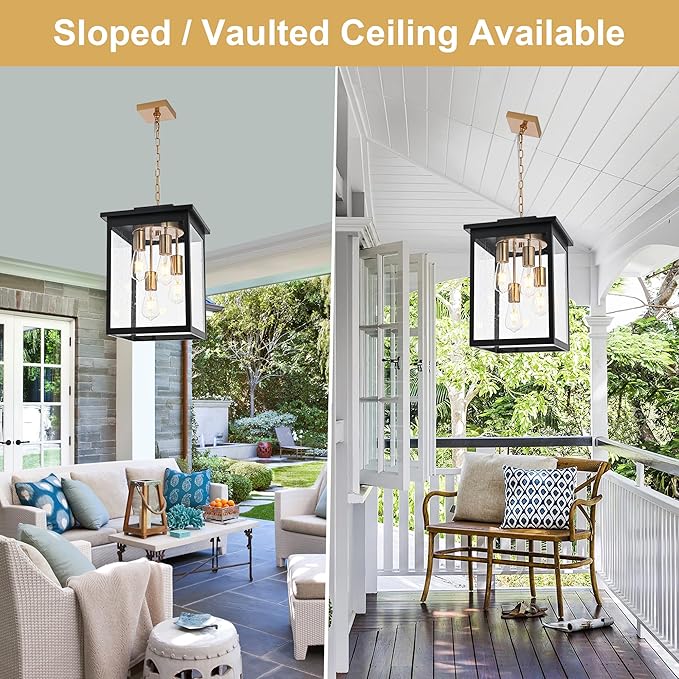 TODOLUZ 4-Lights Large Outdoor Pendant Light Fixture, Waterproof Porch Hanging Lighting with Adjustable Chain Seeded Glass Panel & E26 Bulb Base for Porch Patio Garden