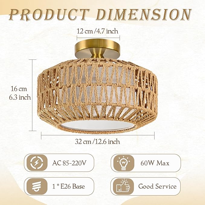 12.6 inch Natural Rattan Ceiling Light Fixture Boho Ceiling Light Hand-Woven Rattan Chandelier Fabric Shade Boho Chandelier for Dinning Room Kitchen (Bulb Incl.)