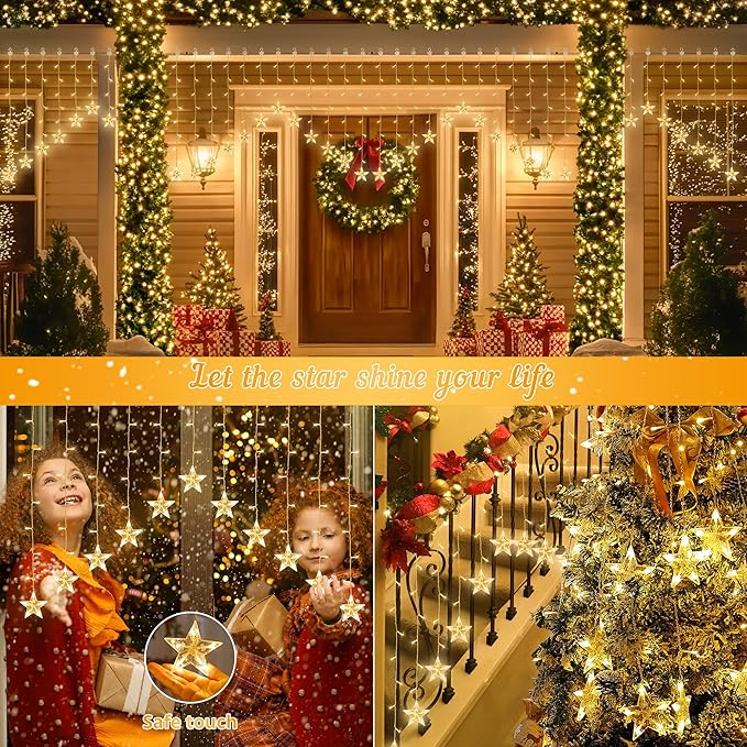 woohaha 118LED Star Icicle Lights,Window Curtain Light Plug in,8 Modes Timer Hanging String Lights,Connectable Warm White Star Lights for Bedroom Indoor Party Wedding Ramadan Christmas Decorations