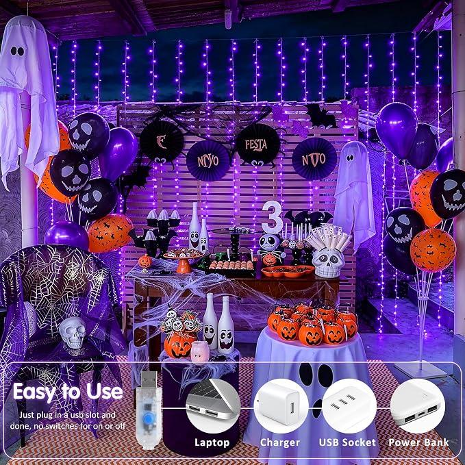 JMEXSUSS 200 LED Purple Halloween Lights, 6.5ft x 6.5ft Halloween Curtain Lights with Remote, 8 Modes USB Purple Curtain String Lights for Bedroom Party Halloween Decorations