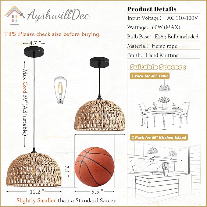2 Pack Hemp Rope Woven Pendant Light Woven Light Fixture Boho Chandelier Light Fixture Wicker Pendant Lights Rattan Dome Wicker Chandelier for Dining Room Kitchen Island (Bulb Incl.