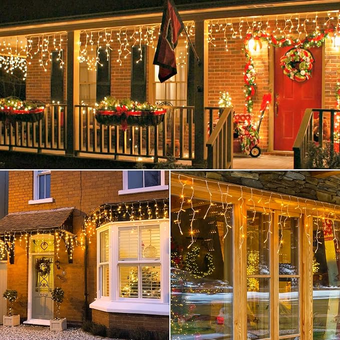 Hopolon 33FT 360 LED Warm White Christmas Icicle Lights, Waterproof Plug in | Outdoor icicle curtain lights with 60 drops, 8 modes, for Christmas, wedding, party, bedroom, garden, wall decor