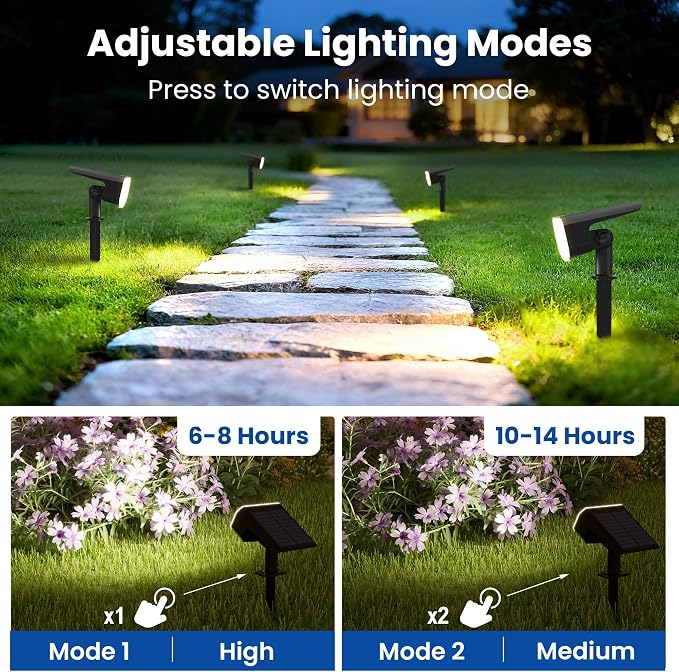 JEJOT Solar Lights Outdoor Waterproof IP65, Super Bright LED, Cool Light 2 Lighting Modes Selectable, Solar Powered Yard Garden Solar Spot Lights for Outside Landscape Auto On/Off -2 Pack