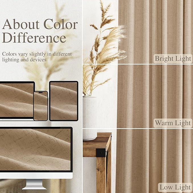 Sand Beige Linen Curtains for Living Room 100 Inches Long Simple Modern Light Filtering Semi Sheer Curtain Back Tab Rustic Farmhouse Luxury Home Decor Drapes for Bedroom Dinner Room 52x100, 2 Panels