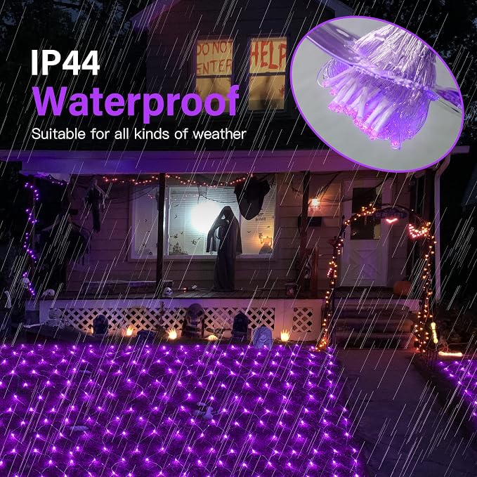 woohaha Outdoor Halloween Net Lights, 9.8FTx6.6FT 192 LED Plug-in Mesh Lights with 8 Lighting Modes, Connectable Light for Bush Halloween Christmas Garden Tree Holiday Wedding Party Decor, Purple