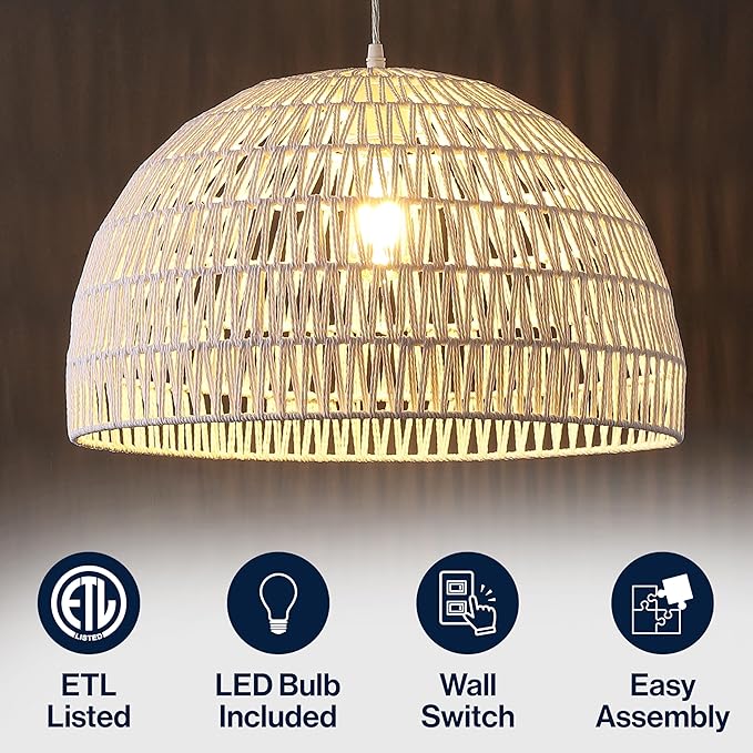 JONATHAN Y 20" White Modern Bohemian Woven Rope LED Pendant Light Fixture, Adjustable Dome Ceiling Lamp for Kitchen Island, Rope Shade, Coastal Farmhouse Decor (JYL6504E)
