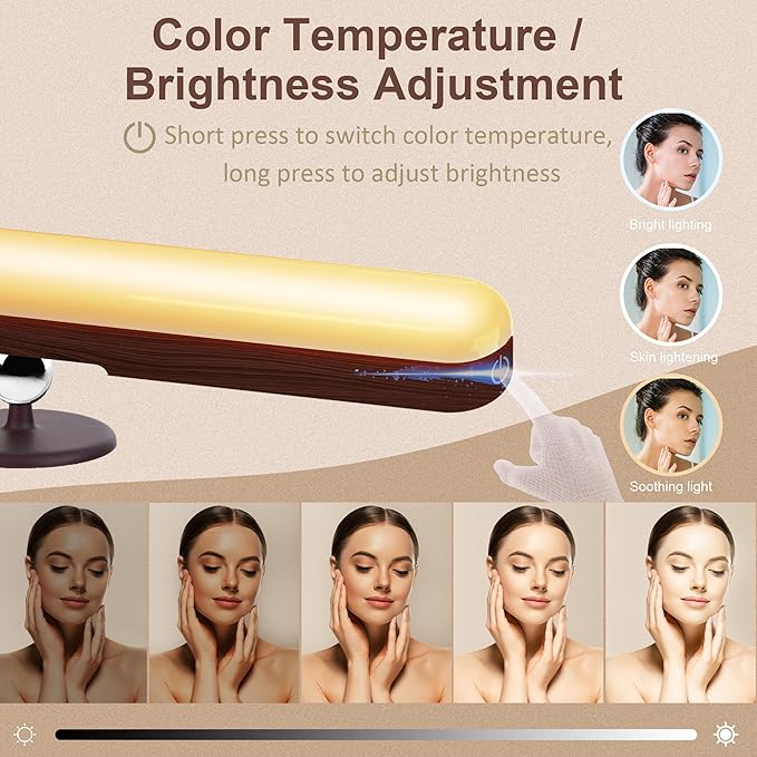 Benreom Vanity Light for Mirror with 4000mAh Rechargeable Battery, Touch Control Dimmable Makeup Light with 3 Color Modes, Magnetic 360° Adjustable LED Bathroom Mirror Light, Dark Wood