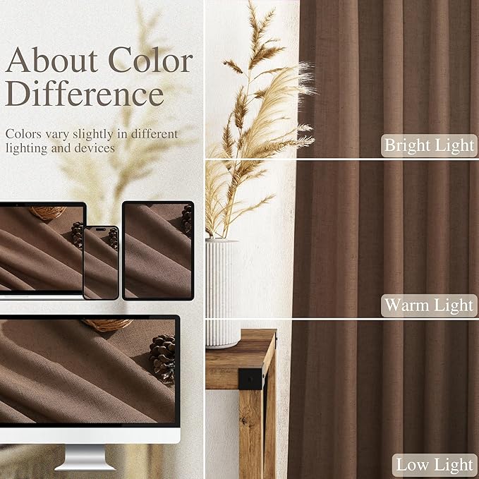 Nanspring Caramel Brown Curtains 100 Inches Long 2 Panels Set Back Tab Linen Extra Long Drapes for Living Room Modern Farmhouse Light Filtering Semi Sheer Linen Curtain for Big Window 52x100