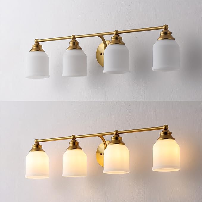 JONATHAN Y 33.25" Brass Gold/White Modern Farmhouse LED Vanity Light Wall Sconce Fixture, Frosted White Glass Shade, Dimmable Wall Lamp for Bathroom Mirror Kitchen Sink, UL Listed (JYL7552B)
