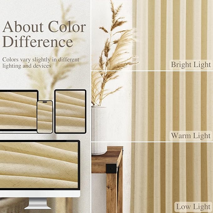 Nanspring Cream Yellow Curtains 108 Inches Long for Living Room Linen Light Filtering Modern Farmhouse Sheer Curtains Back Tab Floor to Ceiling High Window Curtain for Bedroom Office 52x108, 2 Panels