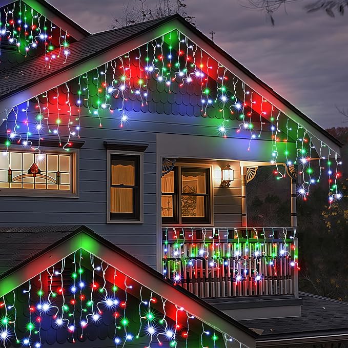 WBao Christmas Lights Outdoor, 432 LED 33FT Icicle Lights with 81 Drops, Remote Control, 3 Timer Settings, 8 Modes, Waterproof, Connectable Fairy Lights for Holiday Party Eaves Decor, Red Green White