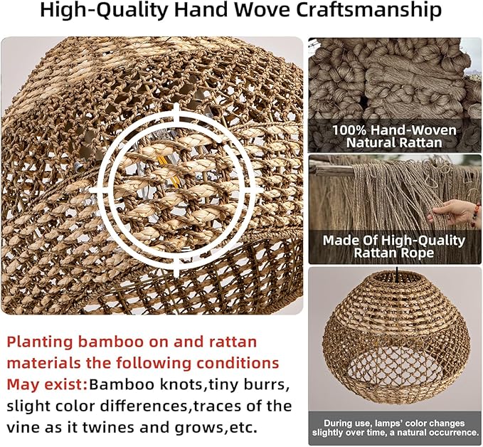 Rattan Pendant Light Fixtures,18.9" Boho Seagrass Pendant Light,3-Light Hand Woven Water Plants Rattan Chandelier for Dining Living Bedroom Kitchen Farmhouse