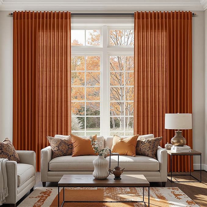 Nanspring Rust Linen Curtains 96 Inches Long for Living Room Light Filtering Semi Sheer Curtain Back Tab Rod Pocket Vintage Rustic Luxury Home Decor Drapes for Bedroom Office 52x96, 2 Panels