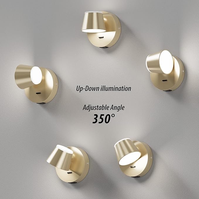 URSOLA Wall Light LED Wall Sconce with On/Off Switch USB Charging Port 110 Volt Hardwired Wall Lamp 350 Rotatable Up Down Sconces Wall Lighting (Champaign)