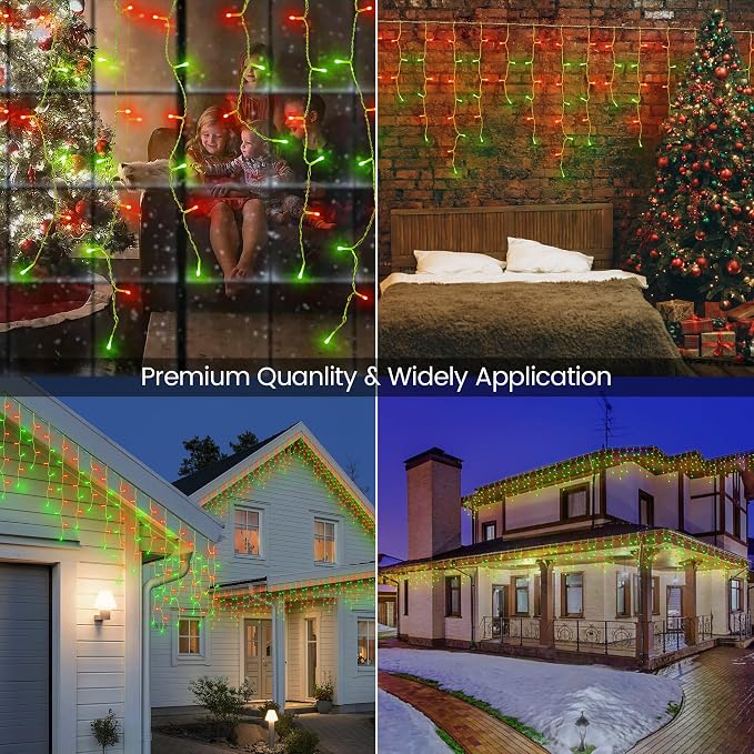 Hopolon 33FT 360 LED Red Green Christmas Icicle Lights,Waterproof Plug in | Outdoor icicle curtain lights with 60 drops, 8 modes, for Christmas, wedding, party, bedroom, garden, wall decor