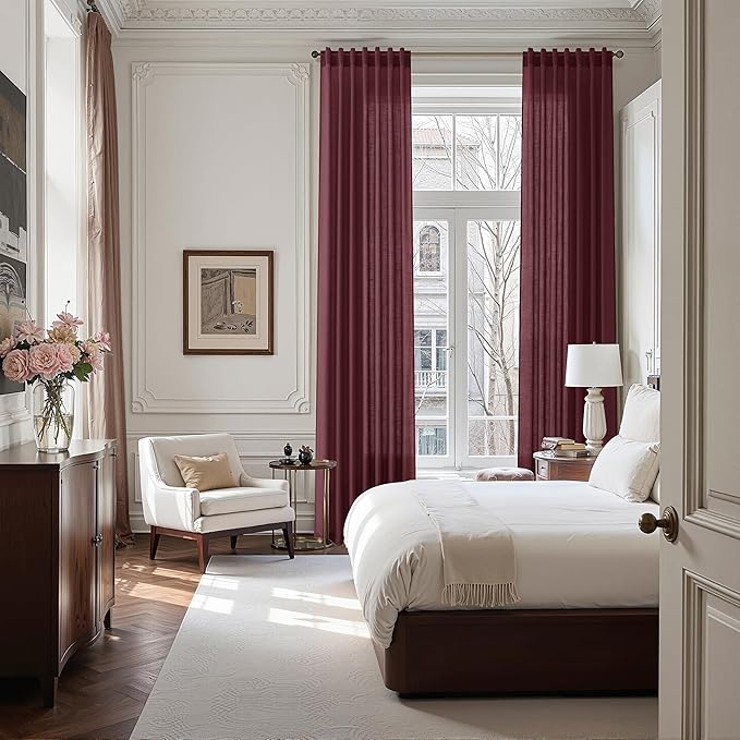 Nanspring Burgundy Linen Curtains for Living Room 94 Inches Long Light Filtering Semi Sheer Curtain Back Tab Vintage Boho Decor Elegant Luxury Drapes for Bedroom Dinner Room 52x94, 2 Panels