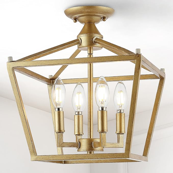 JONATHAN Y 12" Brass Gold Modern Farmhouse Pagoda 4-Light LED Semi Flush Mount Lantern, Metal Ceiling Light Fixture for Kitchen, Hallway, Entryway, Bedroom, Hardwired (JYL7610B)