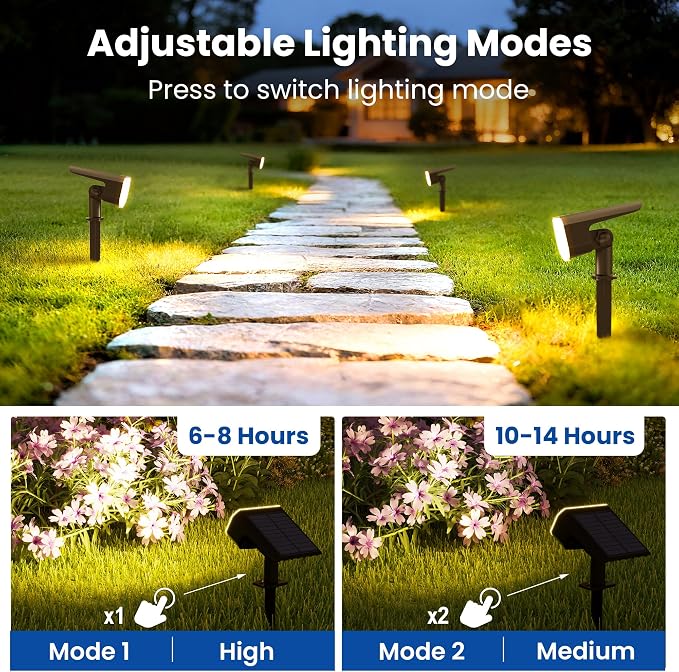JEJOT Solar Lights Outdoor Waterproof IP65, Super Bright LED, 3000K 2 Lighting Modes, Solar Powered Yard Garden Solar Spot Lights for Outside Landscape Auto On/Off -6 Pack