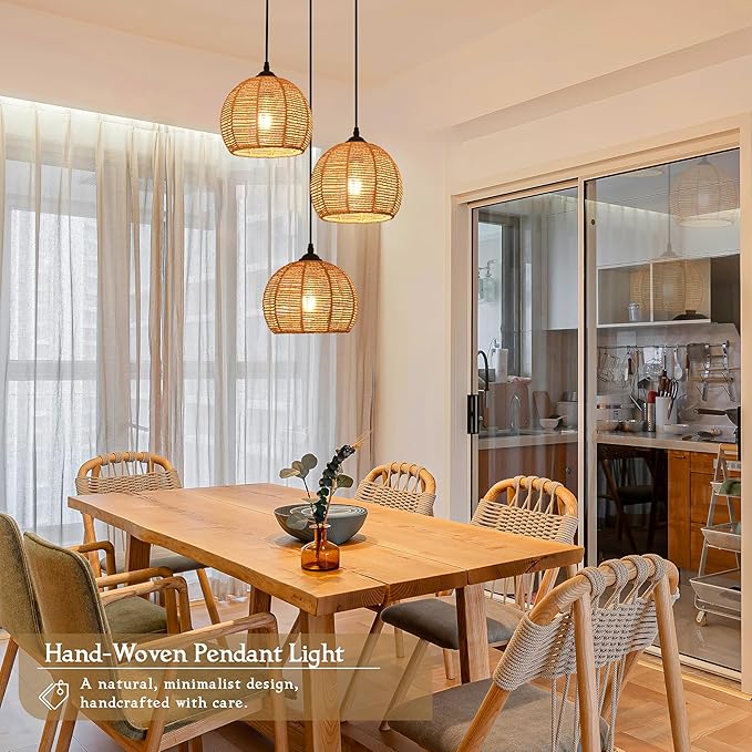 3-Light Mini Hemp Rope Woven Pendant Light Kitchen Island,3 Dome Hand Woven Boho Rattan Chandelier Farmhouse Wicker Ceiling Light,rustic Light Fixture For Living Room Hallway Dining Room(Bulb Incl.